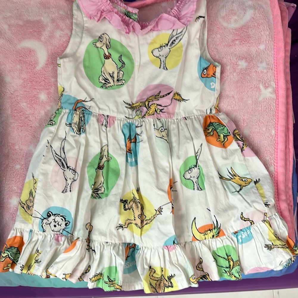 Dr. Seuss 4t girls spring summer dress, whimsical colorful, gold buttons